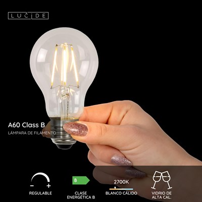 Lucide A60 Class B - Lámpara de filamento - Ø 6,4 cm - LED Regul. - E27 - 1x7W 2700K - Transparente